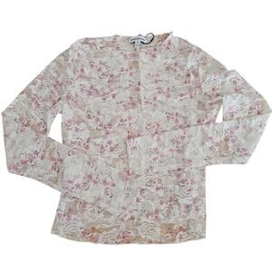 Pretty Garbage Floral Mesh Lace Sheer Top Sz M Cream Pink EUC Layering Top